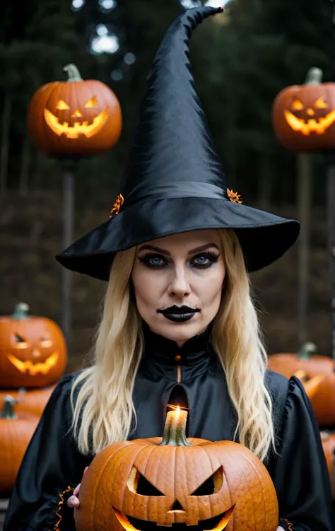 cinematic photo witch hat, blond hair, blue eyes, the witch, halloween background, pumpkin outdoor . 35mm photograph, film, bokeh, professional, 4k, highly detailed