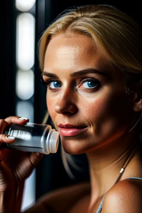 european etny woman, 28 years, italian, amanda, blond hair, blue eyes, holding cosmetic bottle, beauty salon background, natural light