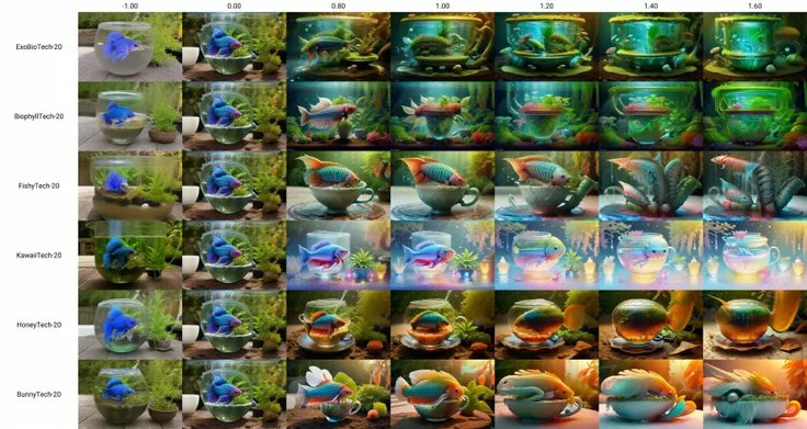 (((garden in a cup))), bonsai, cyber fish rainbow color detailed (betta splendens) on water, scifi <lora:ExoBioTech-20:-1.00>
