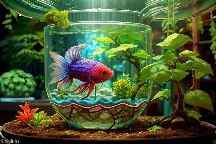 (((garden in a glass cup))), bonsai, cyber fish rainbow color detailed (betta splendens) on water, bio scifi <lora:BiophyllTech-20:0.80>