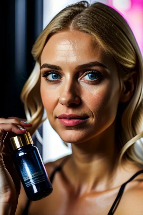 european etny woman, 28 years, italian, amanda, blond hair, blue eyes, holding cosmetic bottle, beauty salon background, natural light