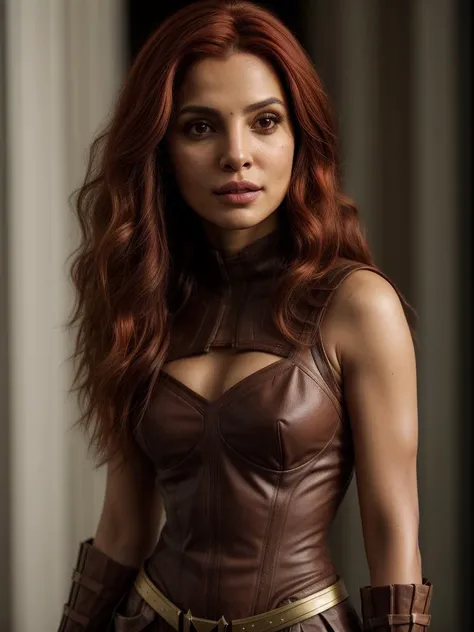 a (fully dressed in a brown and puce colored dc universe cosplay costume, 41 year old Togolese athletic woman with long wavy red hair and clearly adult features:1.3). her asymmetrical face, eyebrows, hair color and body (look a lot like a mix of [amber benson:Priyanka Chopra:0.5] and [Nazanin Boniadi:Natalie Portman:0.7]:1.2). her arms, legs, belly, and breasts are fully covered by her clothes. mouth closed. skin pores, highly detailed skin, photograph, DSRL, dslr, Fujifilm XT3. best quality, RAW photo, realistic photo. <lora:more_details:0.65> <lora:add_detail:0.13> <lora:epiCRealLife:0.33> <lora:epiCRealismHelper:0.36> <lora:polyhedron_skinny_all:0.27> <lora:real_skin:0.36> <lora:weight_slider_v2:-0.29> <lora:breastsizeslideroffset:-0.12>