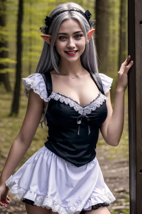 (masterpiece), best quality, high resolution, extremely detailed, detailed background, cinematic lighting, outdoor, 1girl, elf, medium hair, silver hair, crossed bangs, purple eyes, medium breasts, white shirt, black dress, drastic hair ornaments, skirt, frills, lace rims, frilled sleeves, frilled skirt, thighhigh, ankle boots, yandere, yandere face, shaded face, crazy eyes, glowing eyes, crazy smile, blood, blood on face, blood on clothes, hands on own cheeks,