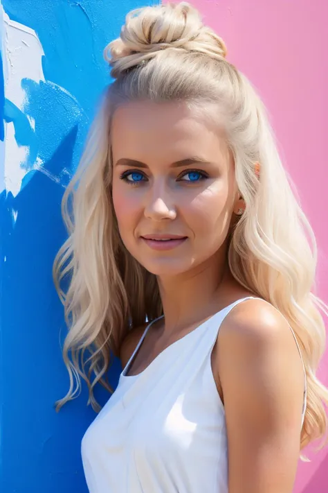 Genowefa from Poland, long updo [blue-black:.3] hair, woman in a white dress, painting a wall, happy, different mirrored colors, fun environment, beautiful blue eyes, blonde, wall full of paint colors