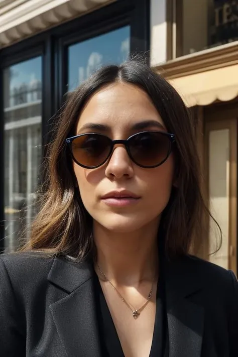 expressionist, a woman standing in front of a store, offwhite, paris hotel style, wearing a black blazer, photo taken in 2018, big sunglasses, blurry, rothko, networking, in front of a two story house, professional profile photo, fancy restaurant, leaning on door, f 2 2, ny, boho, raw, emotional, dynamic, distortion for emotional effect, vibrant, use of unusual colors, detailed
