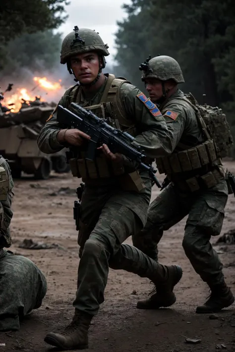 cinematic photo 3 soldiers in a war, friends, fighting enemy forces, war scene, high definition, 8k, HDR . 35mm photograph, film, bokeh, professional, 4k, highly detailed