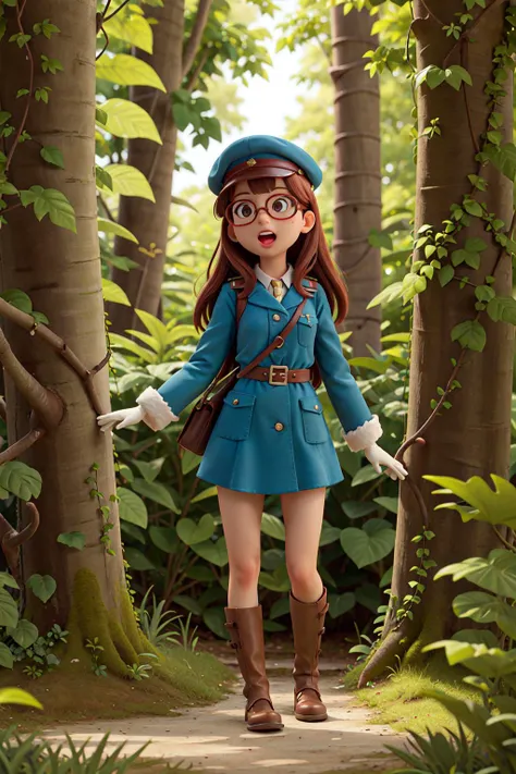 masterpiece, high quality best quality,1girl,artist_name, bare_tree, branch, company_name, forest, glasses, gloves, hat, ivy, jungle, leaf, military, military_uniform, nature, open_mouth, palm_tree, plant, potted_plant, sleeves_rolled_up, solo, tree, uniform, vines, watermark, web_address