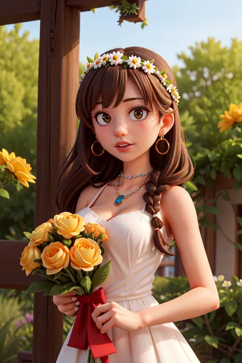 masterpiece, high quality best quality,close up,1girl, bouquet, braid, breasts, brown_eyes, christmas_tree,daisy, depth_of_field, dress, earrings, flower, focused, hair_ornament, head_wreath, holding, holding_bouquet, jewelry, lens_flare, lips, long_hair, looking_at_viewer, medium_breasts, motion_blur, necklace, photo_\(medium\), rose, upper_body, white_flower, yellow_flower, yellow_rose