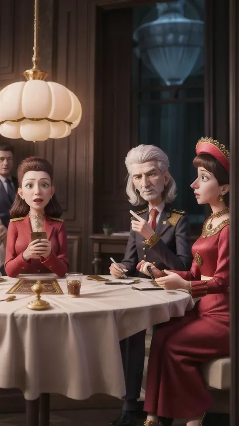A group of people crowded around a table, eagerly listening to a woman with wild hair, who is claiming to have been close to Nicolae Ceausescu and his wife Elena, as she performs a tarot reading. volumetric lighting, 8k stunning, majestic, <lora:add_detail:1>
