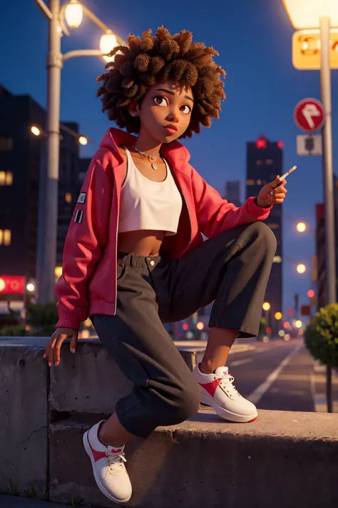 beautiful woman, dark skin, afro, black hair, baggy pants, crop top, jacket, sitting on wall, one knee up, smoking a cigarette, cyberpunk, neon, nighttime, (solo), realistic, depth of field
