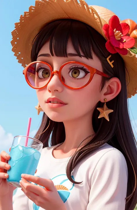 Loli linda chica negra, Cabello atascado, cabello suelto, big tits, Accesorios modernos , gafas, Ojos detallados, Sonrisa detallada, With a white swimsuit, Detalles detallados, holographic, Fondo claro y simple