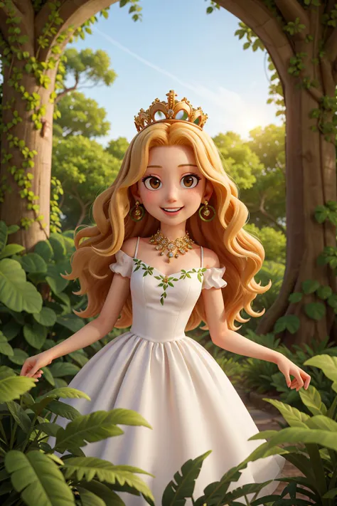 masterpiece, high quality best quality,
1 girl, branching, forest, brown eyes, mushrooms, jungle, leaves, princess in white gown, puffy dress, flowers, flowers, crown, ornaments, earrings, long blonde hair, big wavy curls, nature, smile, plants, solo, trees, vines, sun