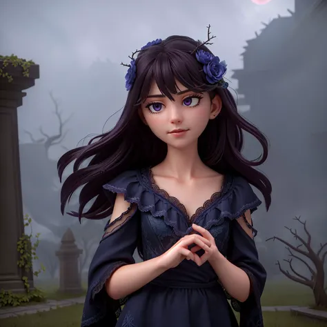 haunting portrayal of a mysterious girl amidst a dark and atmospheric setting, intense close-up shot, enigmatic and piercing gaze, cascading ebony locks with subtle hints of blue highlights, adorned with thorny vines and wilted flowers, (twisted thorns entangled in the hair | dried petals scattered among the strands) | (subtle flickering blue flames dancing amidst the locks)+++, intricately detailed gown in shades of deep purples and blacks, (flowing fabric with intricate lace-like patterns | tattered edges exuding a sense of decay | (subtle hints of ghostly silhouettes woven into the fabric)+++), eerie backdrop with a moonlit sky, twisted trees, and crumbling ruins, (sinister shadows lurking in every corner), (dense fog shrouding the scene in an ethereal haze), (ominous moon casting an eerie glow), (whispering wind carrying haunting melodies), (cracked gravestones scattered across the ground), (twinkling stars obscured by dark clouds), (flickering candlelight casting eerie shadows), (dripping water echoing through desolate corridors), (ominous ravens perched on gnarled branches), (faint echoes of distant whispers), (subtle flashes of lightning illuminating the scene), (mysterious mist rising from the ground), (a touch of melancholy in her expression), (hauntingly graceful and deliberate movements), (a hint of sorrow hidden in her eyes), (ethereal and enigmatic presence), (a captivating aura of darkness), (lurking secrets and untold stories), (a sense of unease permeating the air), (a delicate balance between beauty and darkness)