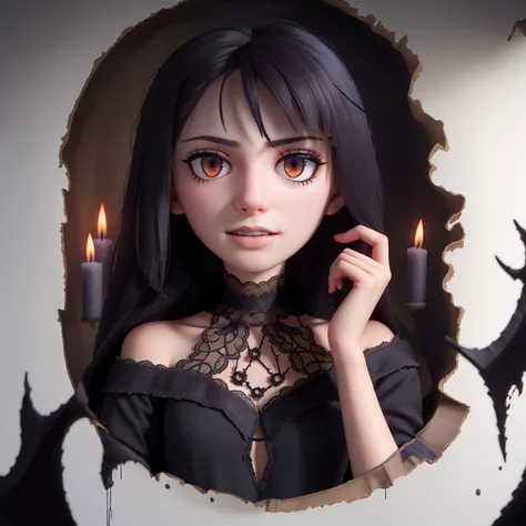 (sinister and creepy depiction of a haunting portrait of a girl in a dark and eerie location, she has smeared makeup on her eyes), unsettling close-up shot, haunting and penetrating gaze, tangled strands of jet-black hair shrouding her pale face, adorned with worn and tattered black lace, (decaying flowers entwined in the hair | twisted thorns protruding from the strands | (subtle wisps of ghostly mist emanating from her locks)+++, tattered dress with frayed edges and dark, macabre patterns, (torn fabric revealing glimpses of ghostly pale skin | jagged lace resembling spiderwebs) | (faint imprints of spectral hands haunting the fabric)+++), ominous backdrop with crumbling walls, flickering candles, and shadows that seem to writhe, (creaking floorboards echoing in the silence), (distant whispers carried by the chilling wind), (cobwebs clinging to decaying portraits on the walls), (dripping water resonating like ominous whispers), (shattered mirrors reflecting distorted images), (dusty bookshelves filled with ancient tomes of forbidden knowledge), (a lone flickering candle casting eerie shadows), (sinister figures lurking in the darkness), (a veil of dread hanging heavily in the air), (a sense of impending doom pervading the scene), (an expression of sorrow mixed with malevolence), (piercing and hauntingly vacant eyes), (contorted and unsettling postures), (a sinister presence that sends shivers down the spine), (dark secrets hidden within her countenance), (an embodiment of darkness and despair), (a chilling reminder of the unknown horrors), (a twisted beauty that unsettles the soul), (a portrait that captures the essence of fear and foreboding)