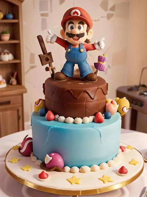 holiland cake shaped, <lora:CakeStyle:0.55> , (CakeStyle:1.2), (masterpiece, best quality), mario and peach stand on the cake, full body