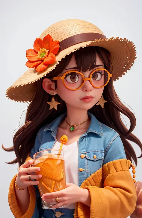 1girl, solo, starfish, seashell, shell, flower, hat, hair ornament, jewelry, straw hat, looking at viewer, sunglasses, hat flower, drinking straw, hairclip, earrings, red flower, tinted eyewear, yellow flower, bangs, english text, multicolored hair, orange flower, black hair, ring, cup, long hair, orange-tinted eyewear, food, brown hair, portrait, shell hair ornament