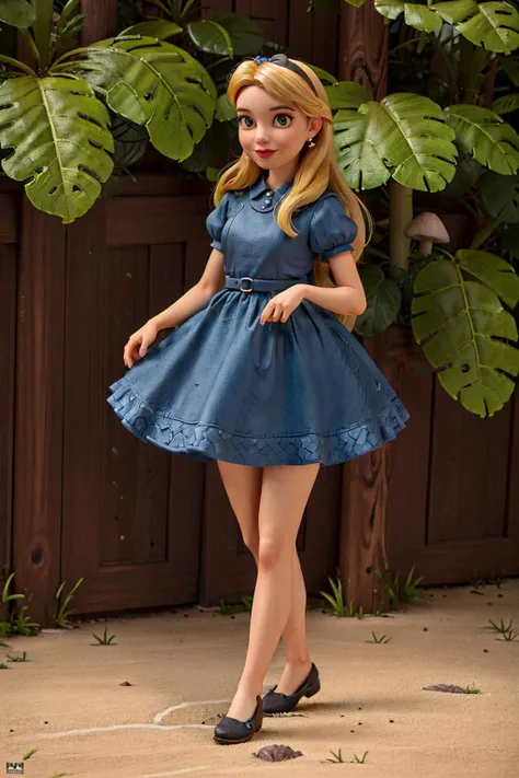 absurdres, (realistic:1.5), (masterpiece, Extremely detailed 8k, photorealistic,,UHD,best quality, highres:1.2), fine detail, HDR, perfect illumination, ( vegetation, mushroom detailed landscape background:1.2),(full body:1.4),(wide angle:1.5),
(AliceWonderlandWaifu:1),posing, (blue dress:1.2) , blonde hair,(legs;1.3),film grainy, insane details, intricate details, hyperdetailed, looking at viewer, unreal engine, perfect body,cute smile,<lora:aliceInWonderlandDisney_v10:0.5>,<lora:Anya Joy:0.7>, (body-focus:1.3)