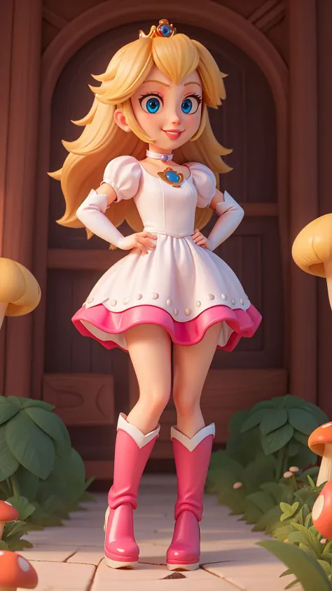 highres,masterpiece,perfect ligthing,bloom,cinematic lighting,adult,perfect skin,female,cowboy shot,smile,narrow waist,skinny,<lora:PrincessPeachMovie:0.6>,(PrincessPeach),choker,detailled eyes,blue eyes,choker,sensual,mushrooms,mushroom kingdom,pink lips,((glossy lips)),pursed lips,pink pumps,glossy skin,oily skin,beautiful light,(day:1.3),bright,looking at viewer,<lora:3DMM_V11:0.4>,white dress,