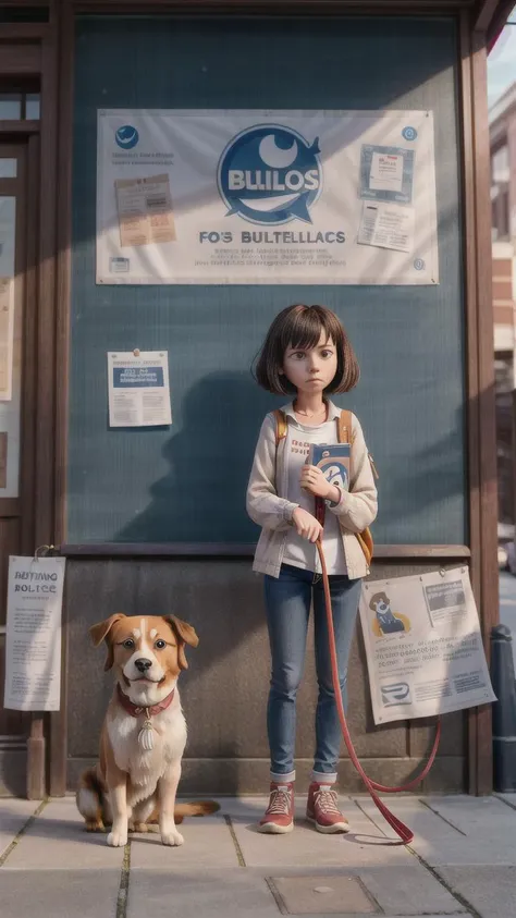 A young woman holding a leash, looking sad, while standing in front of a bulletin board with flyers advertising dog adoption and fostering services. volumetric lighting, 8k stunning, majestic, <lora:add_detail:1>