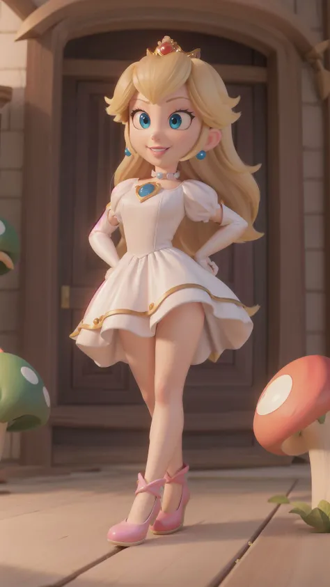 highres,masterpiece,perfect ligthing,bloom,cinematic lighting,adult,perfect skin,female,cowboy shot,smile,narrow waist,skinny,<lora:PrincessPeachMovie:0.6>,(princesspeach:1.1),choker,detailled eyes,blue eyes,sensual,mushrooms,mushroom kingdom,pink lips,(glossy lips:1.21),pursed lips,pink pumps,glossy skin,oily skin,beautiful light,(day:1.3),bright,looking at viewer,<lora:3DMM_V11:0.4>,white dress,