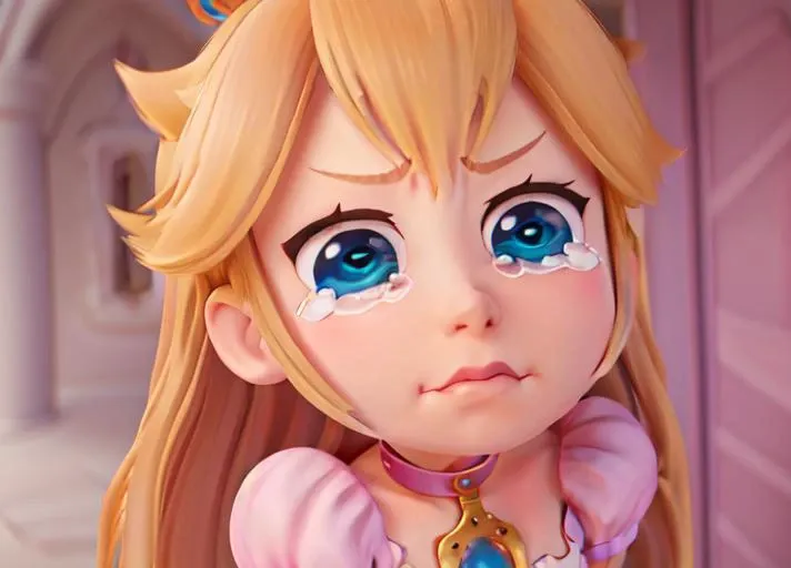 <lora:PrincessPeachMovie:0.8> PrincessPeach, blue eyes, choker, glossy lips, pink lips, highres, masterpiece, perfect ligthing, bloom, cinematic lighting, perfect skin, female, narrow waist, skinny, detailled eyes, blue eyes,, 1 girl, closed mouth, tears, wavy mouth, tearing up, pout, :i, meme, :t, parody, frown, v-shaped eyebrows, crying, sad, crying with eyes open, puffy cheeks <lora:merrytail_aqua_crying_meme_v02-05:0.7>