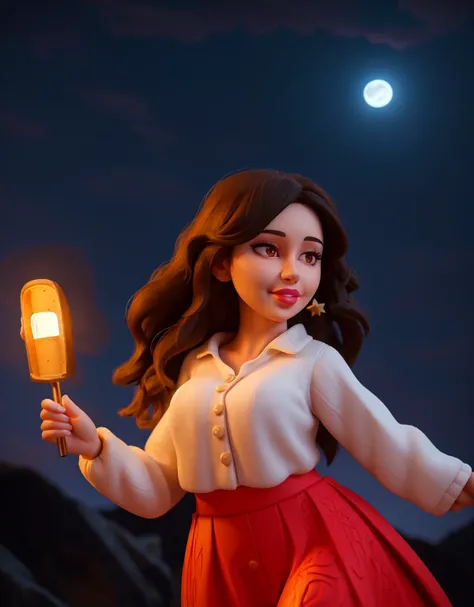 masterpiece, best quality, highres, intricate detail, 1girl, (mature female:1.5), (thick lips:1.4), eyeshadow,  brown eyes, long hair, black hair, oversized clothes, night, night sky, full moon, star \(sky\), top of the hill,  portrait, smile,  long skirt, floating hair, holding skirt, on ground, (low-key lighting:1.3), (dimly lit:1.5)