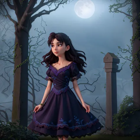 haunting portrayal of a mysterious girl amidst a dark and atmospheric setting, intense close-up shot, enigmatic and piercing gaze, cascading ebony locks with subtle hints of blue highlights, adorned with thorny vines and wilted flowers, (twisted thorns entangled in the hair | dried petals scattered among the strands) | (subtle flickering blue flames dancing amidst the locks)+++, intricately detailed gown in shades of deep purples and blacks, (flowing fabric with intricate lace-like patterns | tattered edges exuding a sense of decay | (subtle hints of ghostly silhouettes woven into the fabric)+++), eerie backdrop with a moonlit sky, twisted trees, and crumbling ruins, (sinister shadows lurking in every corner), (dense fog shrouding the scene in an ethereal haze), (ominous moon casting an eerie glow), (whispering wind carrying haunting melodies), (cracked gravestones scattered across the ground), (twinkling stars obscured by dark clouds), (flickering candlelight casting eerie shadows), (dripping water echoing through desolate corridors), (ominous ravens perched on gnarled branches), (faint echoes of distant whispers), (subtle flashes of lightning illuminating the scene), (mysterious mist rising from the ground), (a touch of melancholy in her expression), (hauntingly graceful and deliberate movements), (a hint of sorrow hidden in her eyes), (ethereal and enigmatic presence), (a captivating aura of darkness), (lurking secrets and untold stories), (a sense of unease permeating the air), (a delicate balance between beauty and darkness)