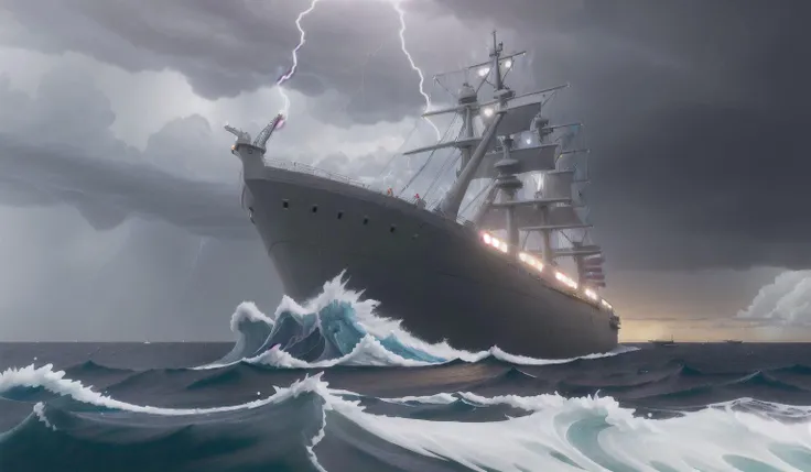 (mdjrny-v4 style:1.2), (solo:1.2), ship from one piece sailing, dynamic sky, storm sky, with light piercing through stormy clouds, birds near the ship, rough sea, crepuscular rays, volumetric lighting, pixiv art, cgsociety, highly detailed, anime art, greg rutkowski, symmetrical, artgerm, wlop, anime art