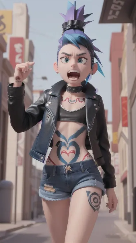 Punk woman, flat chest, (tattoos:1.2), open leather jacket, ripped denim shorts, (blue and black mohawk:1.5), fit, screaming in a crowded theater, high quality, <lora:flat_chest_v2:1>