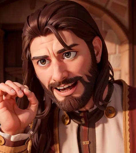 masterpiece, high quality best quality, man with long  brown hair and beard, medieval clothes,  [mouth open showing teeth]