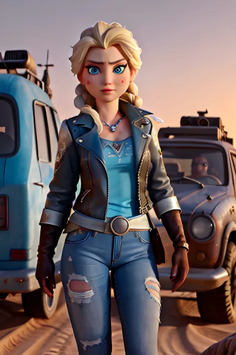  Elsa, from Frozen, in Mad Max Fury Road, dirty:3, dusty:3, grimy, high detail, desert, (armed):3, (Black leather jacket):1.5, blue top, jeans, (scrapes cuts bruises):3, (dried blood):1.5, cars, (post apocalyptic):2, cinematic, action pose