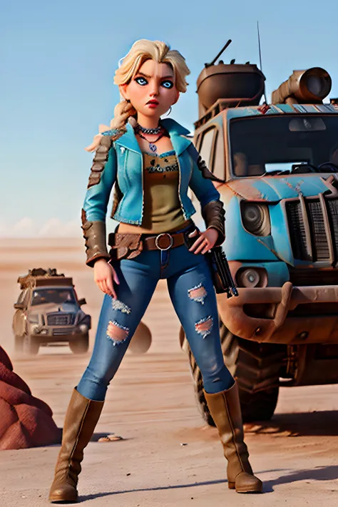 Elsa, from Frozen, in Mad Max Fury Road, dirty:3, dusty:3, grimy, high detail, desert, (worn Black leather jacket):2.5, dirty blue top, jeans, (scrapes cuts bruises):3, (dried blood):3, cars, (post apocalyptic):2, cinematic, action pose, dramatic, fallout, fierce expression