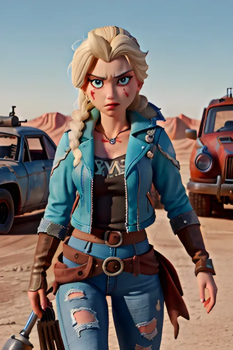 Elsa, from Frozen, in Mad Max Fury Road, dirty:3, dusty:3, grimy, high detail, desert, (worn Black leather jacket):2.5, dirty blue top, jeans, (scrapes cuts bruises):3, (dried blood):3, cars, (post apocalyptic):2, cinematic, action pose, dramatic, fallout