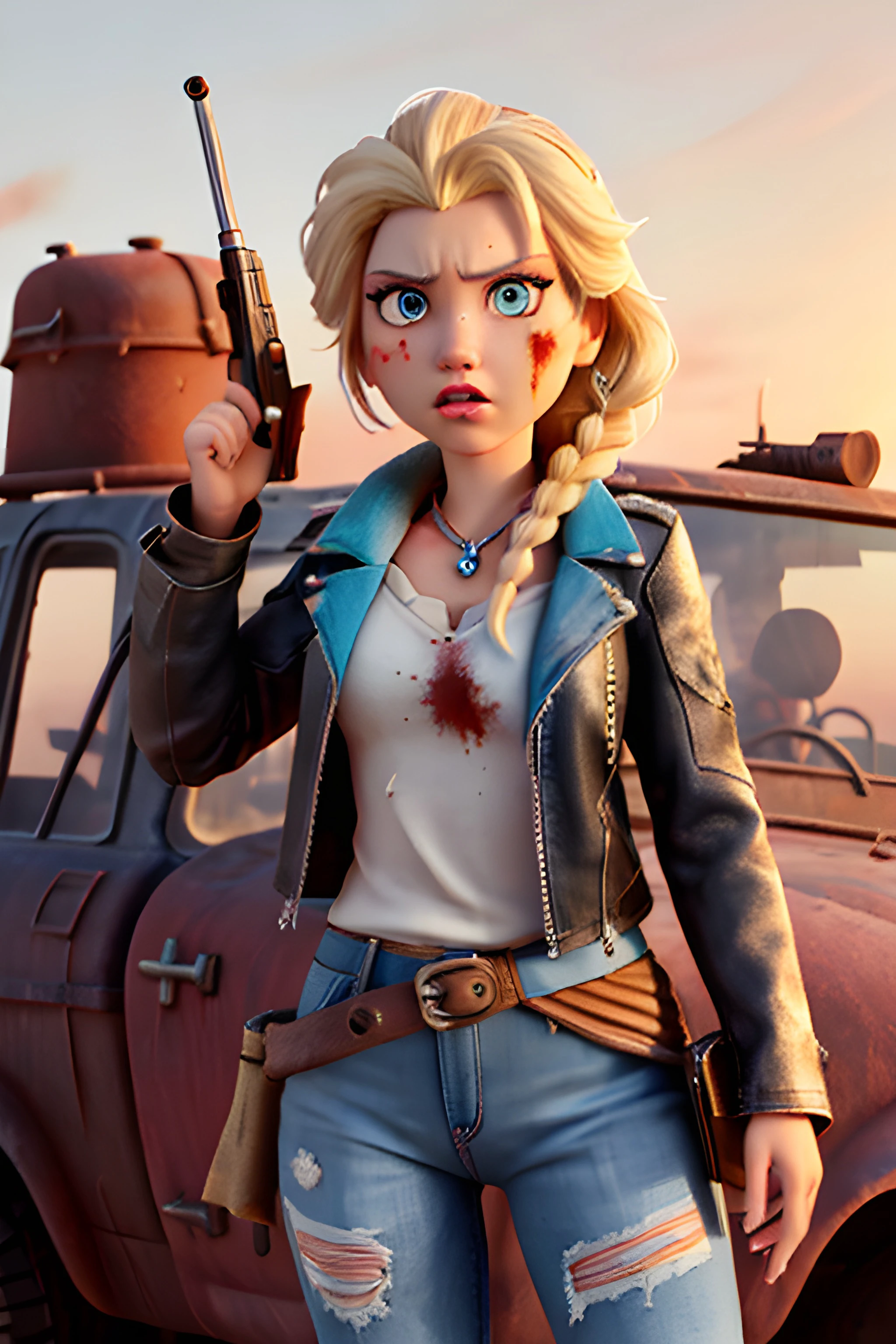 Elsa, from Frozen, in Mad Max Fury Road, dirty:2.5, dusty:.5, grimy, high detail, desert, (worn Black leather jacket):2.5, (dirty blue top):2, jeans, (scrapes cuts bruises):3, (dried blood):3, cars, (post apocalyptic):2, cinematic, action pose, dramatic, fallout, fierce expression, (holding a pistol):2
