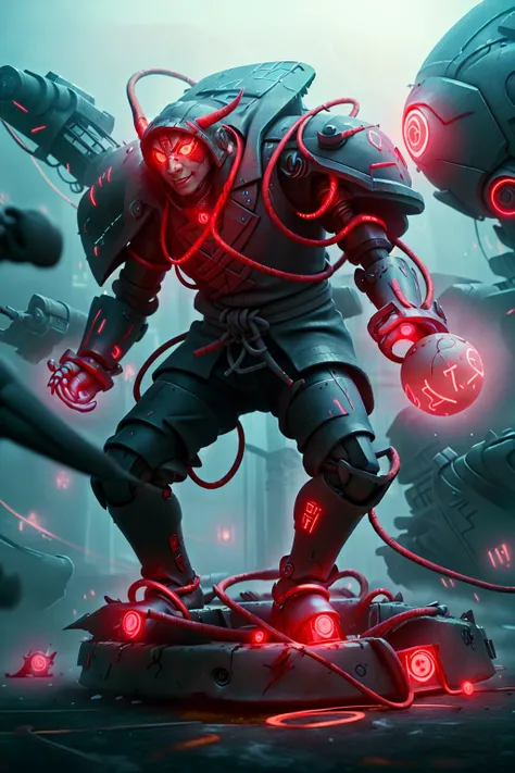 masterpiece, ((1boy)), high quality, best quality, hd, perfect lighting, ((twin futuristic ninja)), ((oni mask)), black coat, black hat, mechanical armor, close up portrait, detailed face, global illumination, shadows, octane render, 8k, ultra sharp, metal, intricate, ornaments detailed, cold colors, highly intricate details, realistic light, trending on society, glowing eyes, facing camera, neon details, mechanical limbs, blood vessels connected to tubes, mechanical cervial attaching to neck, wires and cables connecting to head, blood, killing machine, detailed hands, detailed feet, holding futuristic katana, glowing aura, Japanese architecture, flares, only two feet, big fight, destroyed place, flying orbs,<lora:GlowingRunesAIV3:1.0>