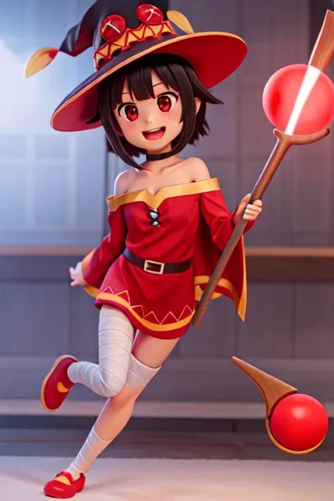 konosuba, megumin,1girl, solo,short girl ,blush , red eyes, looking at viewer , red dress, witch hat , black hair , bandaged leg ,smile ,cape ,collarbone ,open mouth ,bare shoulders ,off shoulder ,holding staff, off-shoulder dress, best quality, extremely best quality, masterpiece <lora:megumin_v3:0.7>