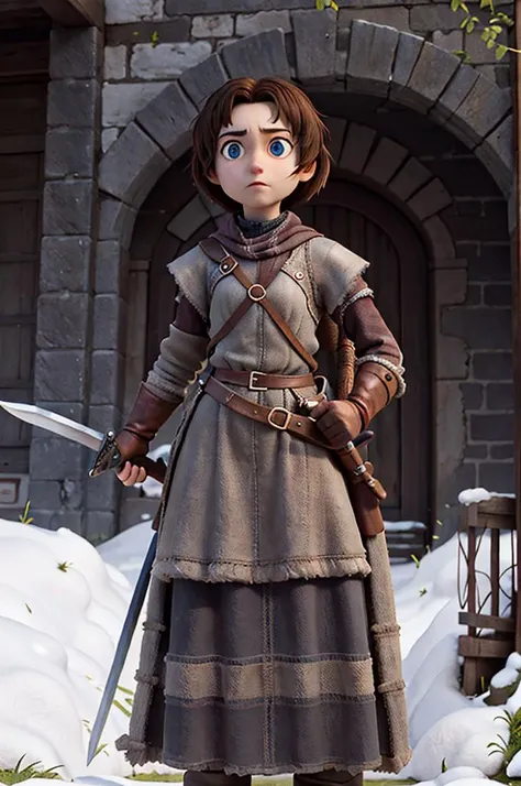 a  young woman, arya stark, in rugged brown padded armor holding a sword in her hand and looking at the camera