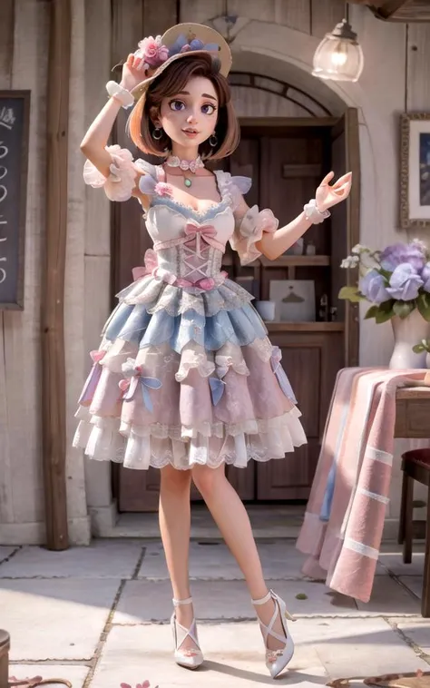 nikon RAW photo,8k,Fujifilm XT3,masterpiece,best quality,realistic,photorealistic,ultra detailed,extremely detailed face,cinematic lighting, gril,1girl,solo,full body, earrings, edium breasts, high heels, dynamic pose,happy,Surrounded by flowers,(flower:1.2),Rich details,fashion,
office,
LightSteelBlue short bob cut,
PaleVioletRed Rose Dress,<lora:lolita_dress_classic_1_v3:0.55>