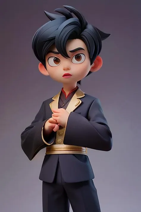 <lora:QType-- niji style_v1.0:1>,a chinese boy,chinese_clothes,chinese_zodiac,gradient,gradient _ background,solo,grey_background,lips,long_sleeves,black kongfu Suit,looking_at_viewer,short_hair,black_hair,(full_shot:1.2),