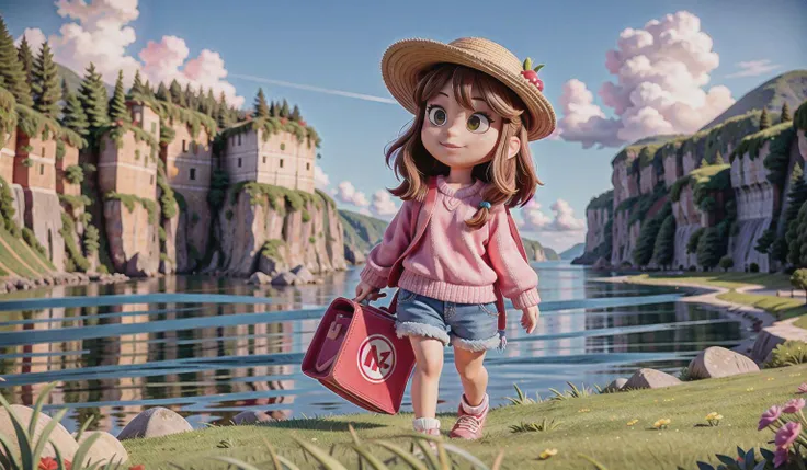 full body portrait of seulgi, pink sweater, denim shorts, wide brimmed hat, directed by wes anderson, still frame, cinematic, photorealistic, dslr, beach, coast, blue sky, hills, grass, italian town, field, RAW photo, high quality, film grain, Fujifilm XT3, UHD, masterpiece, colorful, muted pastel color scheme, closeup, stylized, whimsical, looking back over shoulder, happy512, asian, korean, <lora:add_detail:1> <lora:redVelvetSeulgi_s1Ver:1>