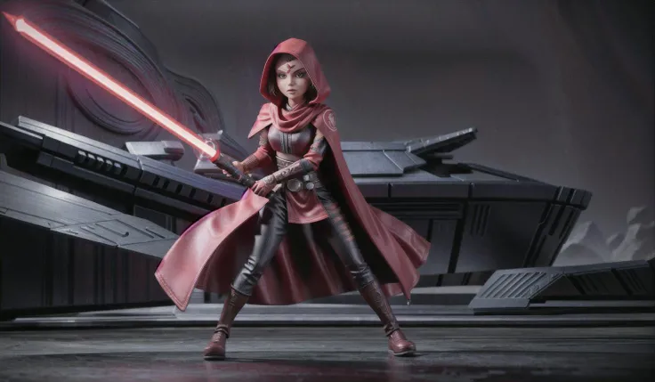 (masterpiece:1.2), full body portrait of a sith jedi woman with tatoo on face holds a red lightsaber in her hands, black leather, very detailed face, flowing cloak, elegant pose, atmospheric lighting, cinematic composition, detailed, very detailed background, <lora:add_detail:1.3>