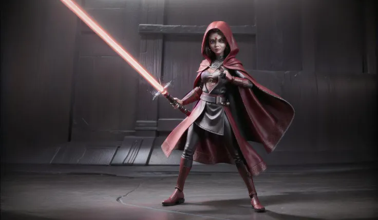 (masterpiece:1.2), full body portrait of a sith jedi woman with tatoo on face holds a red lightsaber in her hands, black leather, very detailed face, flowing cloak, elegant pose, atmospheric lighting, cinematic composition, detailed, very detailed background, <lora:add_detail:1.3>