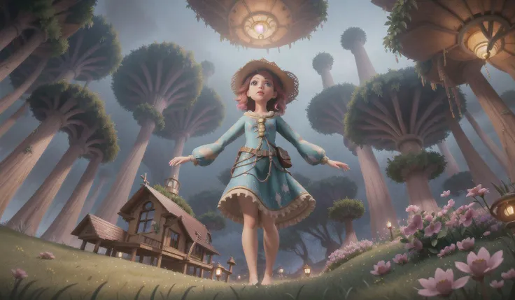 Seeing girl from the ground, view from below, atmospheric dreamscape painting, dream scenery art, highly detailed visionary art, cgi style, vibrant oil painting, splash art, Cozy mystery, masterpiece 8k wallpapper, neoplasticism, Unreal Engine, dramatic lighting
