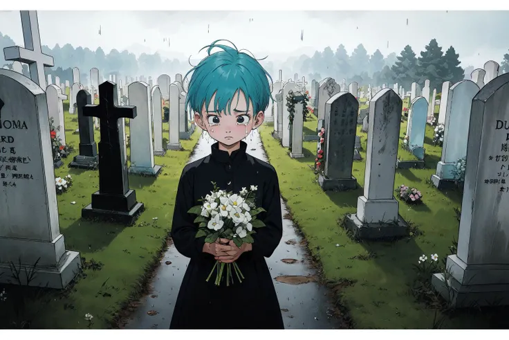 (RAW photo, best quality), 1girl,  natural lighting, outdoor, rainy, gloomy, funeral, sad, cemetery, 
 <lora:toriyama_akira_3:0.5>, toriyama akira, bulma, black dress, crying, holding white flowers, bow,