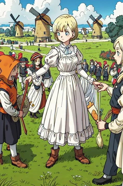 toriyama akira, high res, 1girl, solo, mature, full body, black dutch milkmaid outfit, clogs, blonde hair, blue eyes. dutch flags, windmills on a grass field in holland, (profiles:0.3), masterpiece, anime colors, lineart detailed, cumulonimbus clouds, <lora:toriyama_akira_3:0.8>, (crowds:1.3), cheeses stacked on the ground