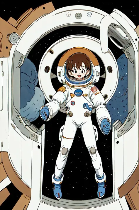 toriyama akira, high res, 1girl, solo, mature, full body, EVA space suit, short brown hair, black eyes. outside in space working on spacestation, (profiles:0.3), masterpiece, anime colors, lineart detailed, <lora:toriyama_akira_3:0.8>, open mouth smile,