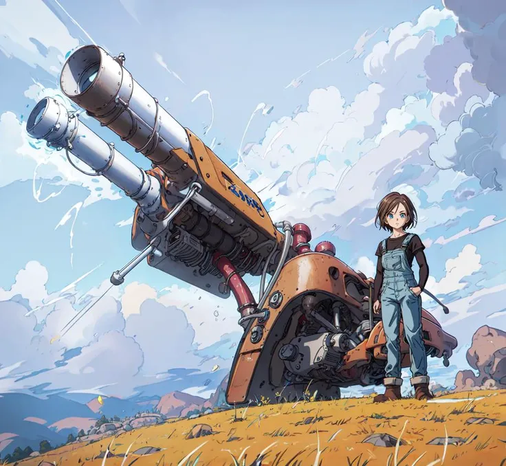 mtoriyama akira, masterpiece, high res, anime coloring, 1girl, mature, solo, short brown hair, blue eyes, wearing overalls, medium breasts, standing in a grass field, cumulonimbus clouds, weather machine, massive pipes pointing up, <lora:toriyama_akira_3:0.7>