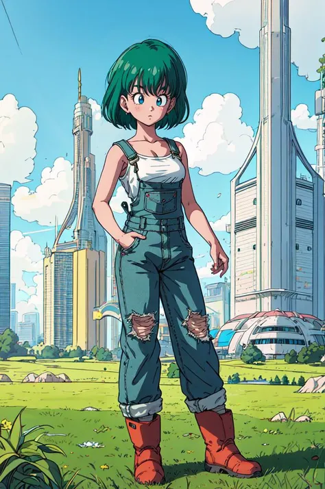 mtoriyama akira, masterpiece, high res, anime coloring, 1girl, mature, solo, short green hair, blue eyes, pink bow, wearing overalls, medium breasts, standing in a grass field, cumulonimbus clouds, futuristic buildings, <lora:toriyama_akira_3:0.7>