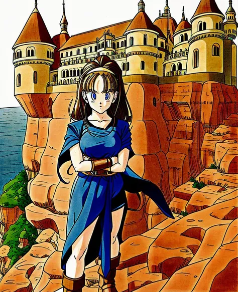 toriyama_akira, solo, close up, portrait, anime, 1girl, asymmetrical legwear, long flowing brown hair, blue eyes, boots, standing on the edge of a cliff, castle in the background, looking at camera