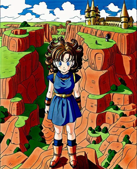 toriyama_akira, solo, close up, portrait, anime, 1girl, asymmetrical legwear, long flowing brown hair, blue eyes, boots, curly hair, standing on the edge of a cliff, castle in the background, looking at camera